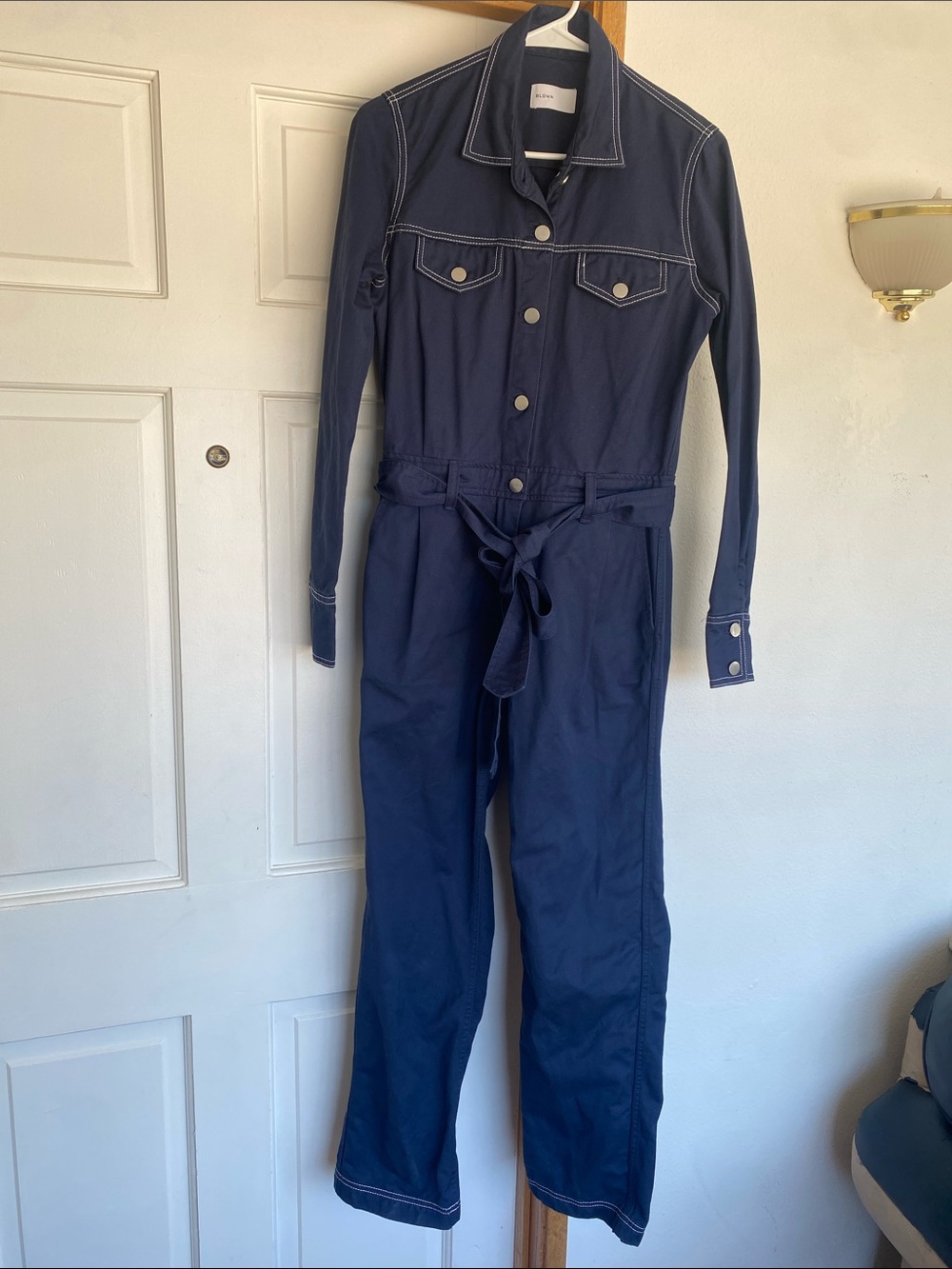 BLDWN .Navy Jumpsuit with White Topstitching